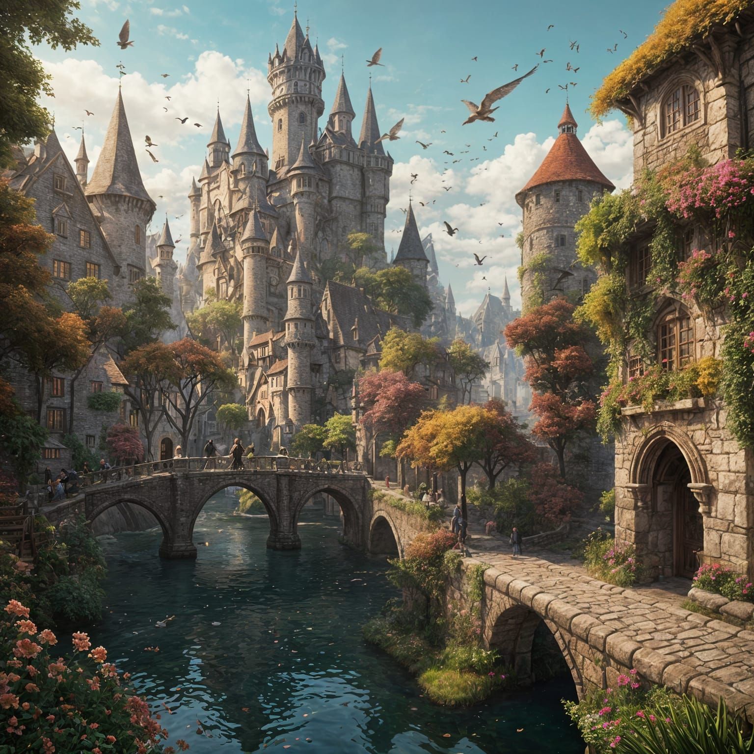 Giant Cats in a Whimsical Medieval Village