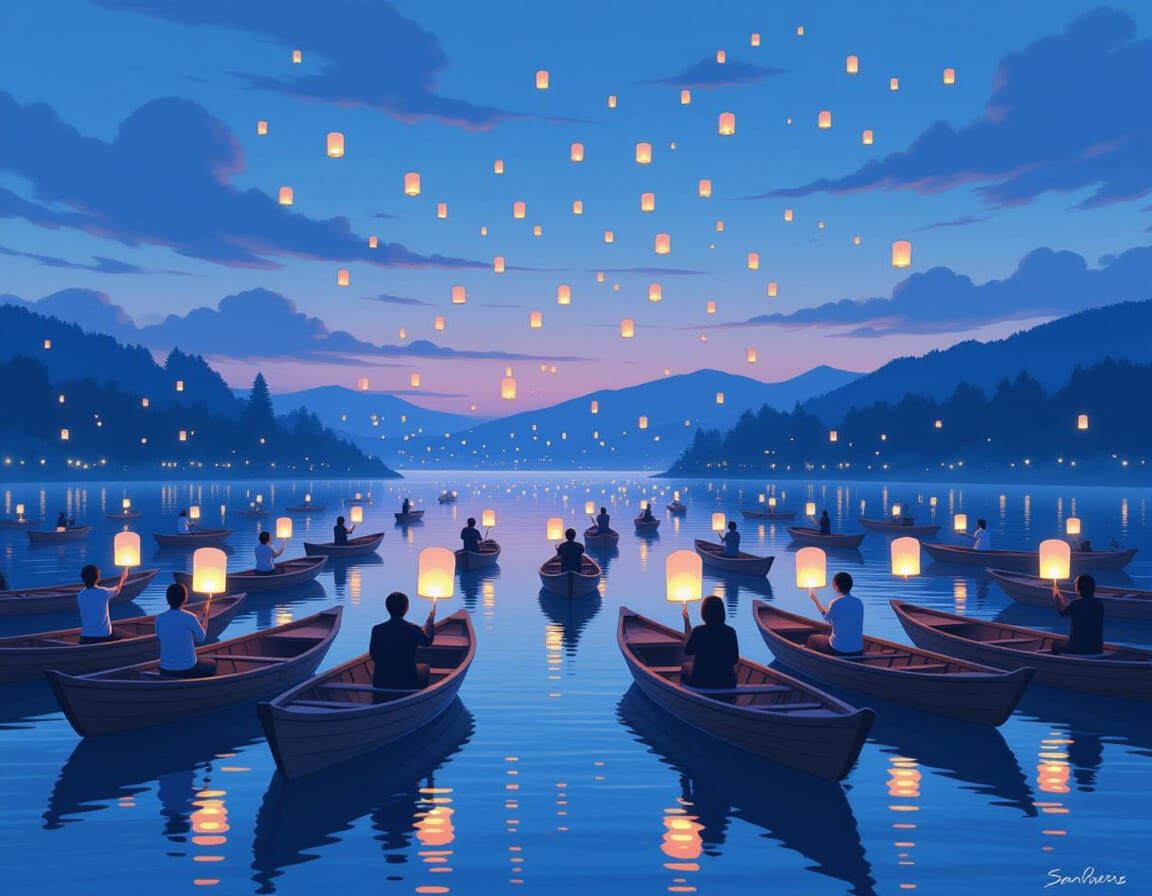 Tranquil Lake at Dusk with Glowing Lanterns
