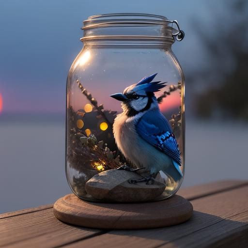Blue Jay in a Jar at Sunset