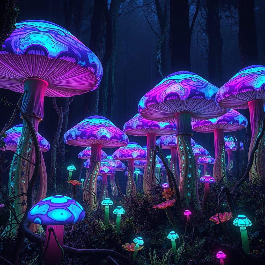 Surreal, Neon-Lit Forest of Iridescent Space Mushrooms