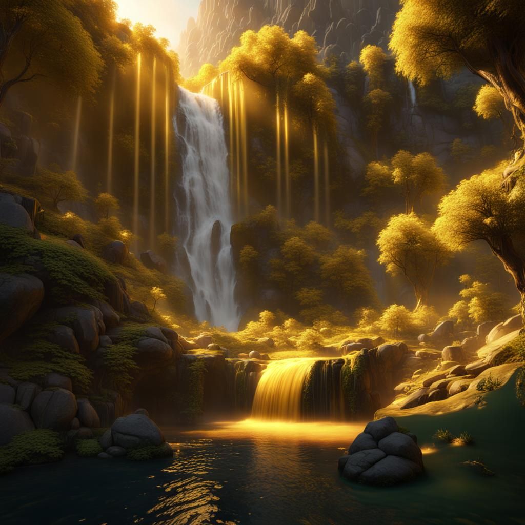 Golden Waterfall with Yellow Light in Detailed Matte Paintin...