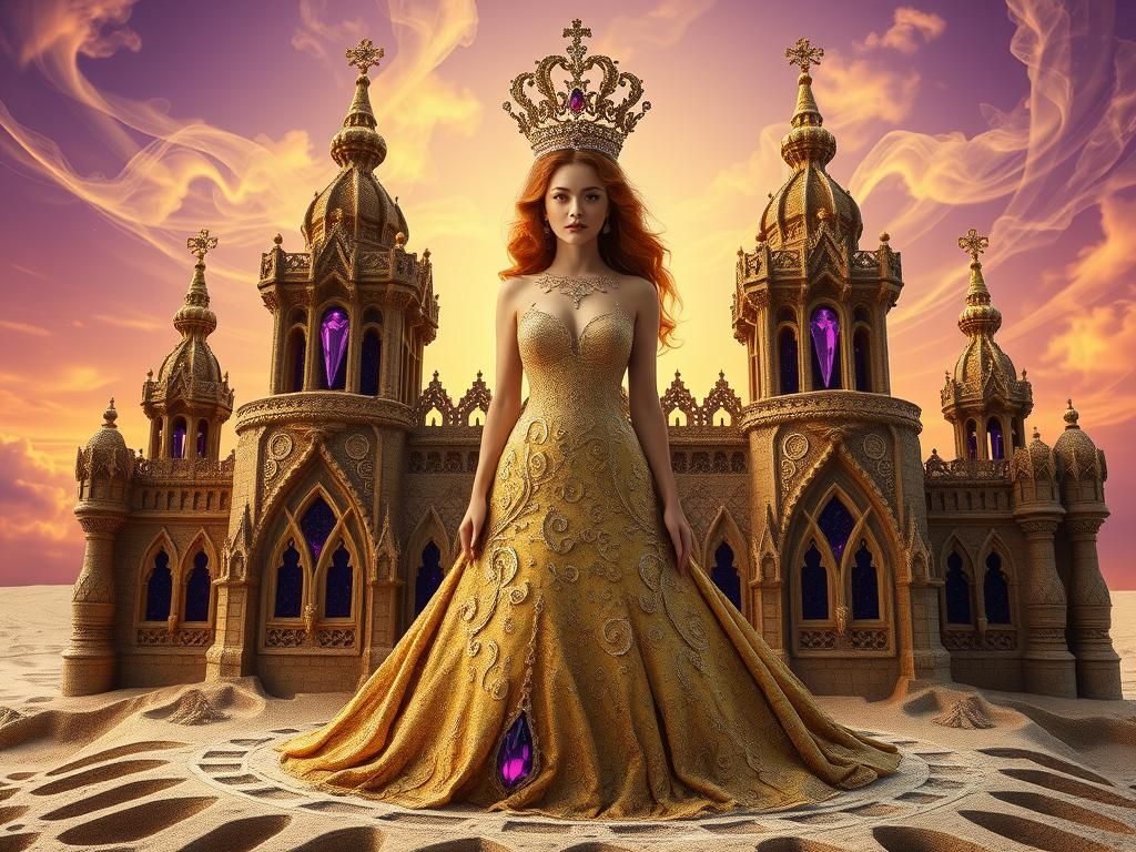 Golden Gown Woman at Gothic Sandcastle in Art Nouveau Style