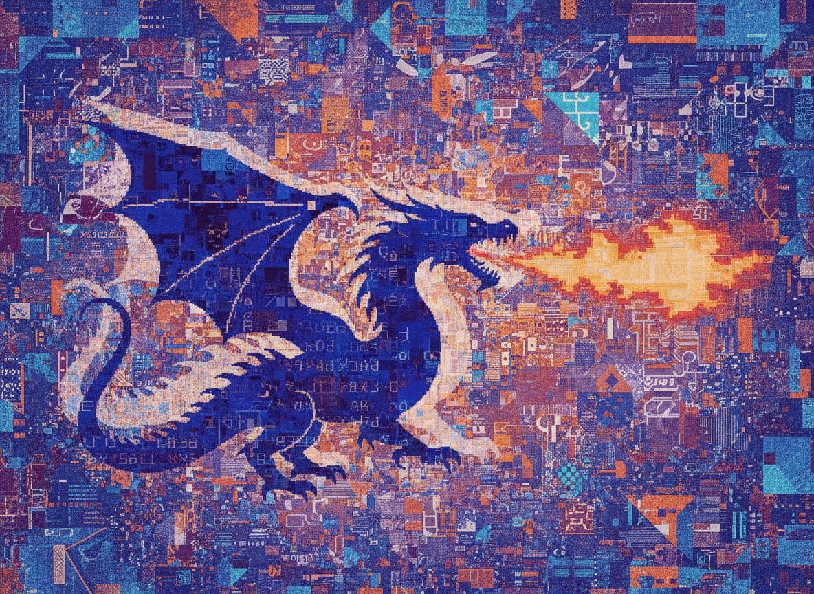 Glitch Collage Dragon Inferno ASCII Silhouette