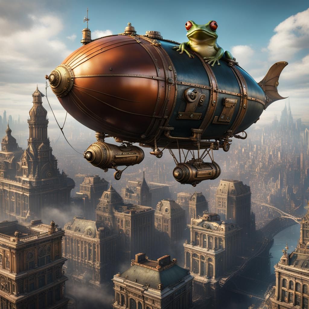 Steampunk Frog's Blimp Adventure: Fantasy Art