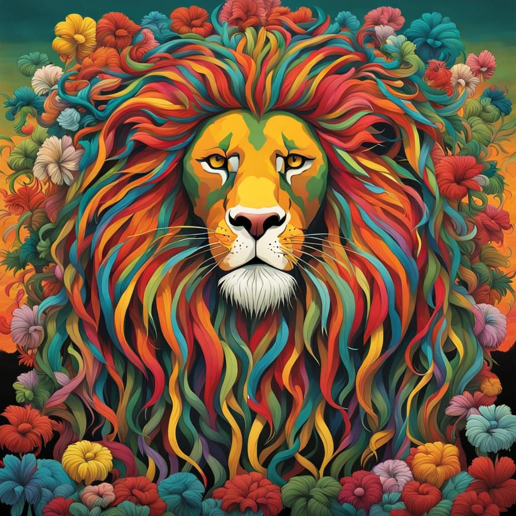 Vibrant Hyperreal Lion in a Frenzied Dance