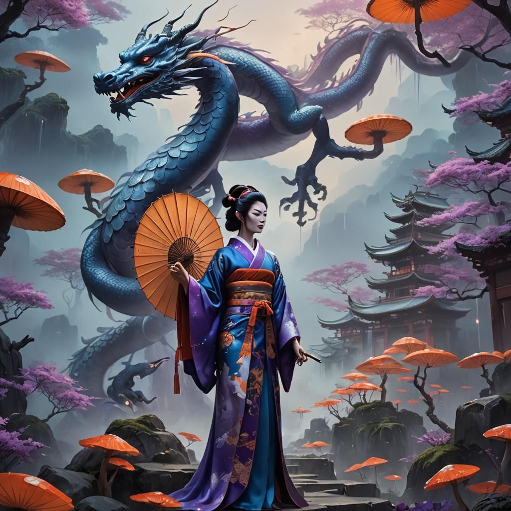 Enchanted Geisha and Dragon in Misty Valley