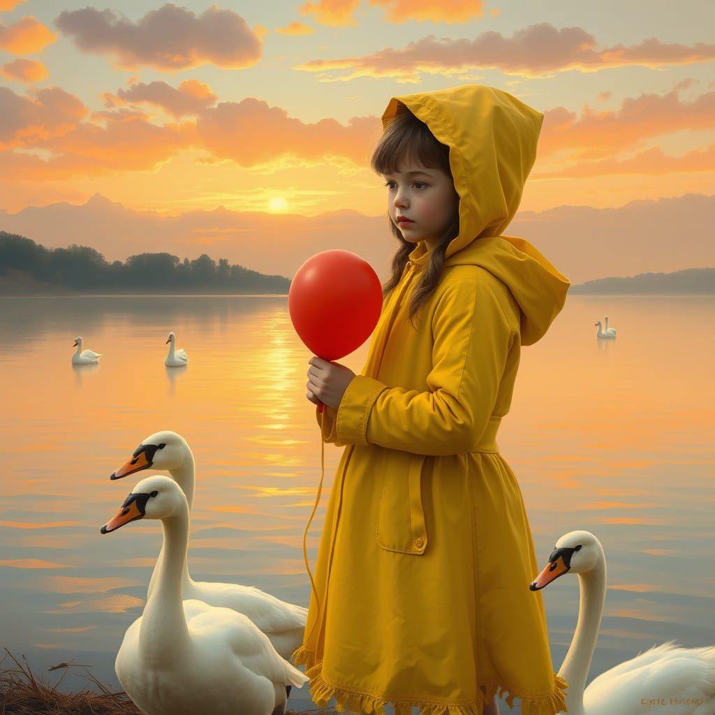 Serenity at Sunset: Young Girl Holds Red Ballon Beside Peace...