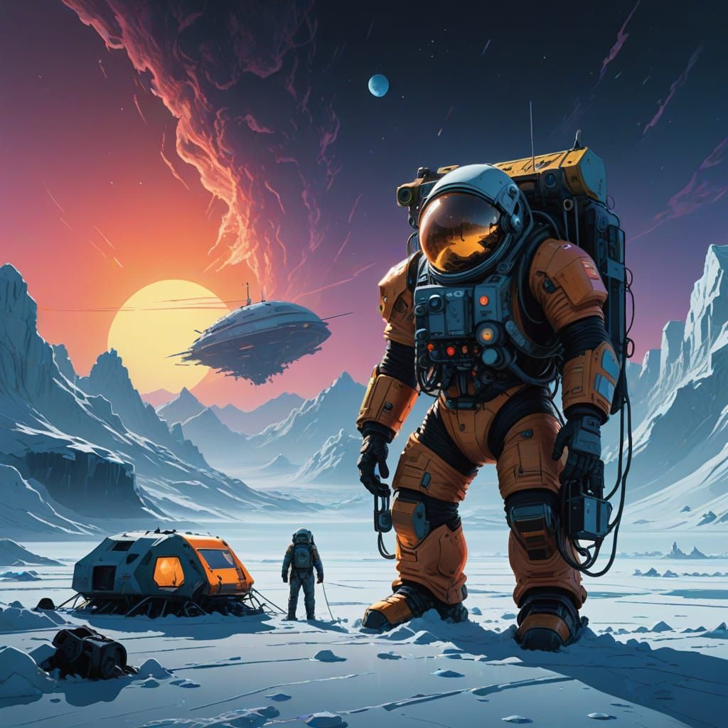 Astronaut Encampment on Enceladus in Neon Futurism