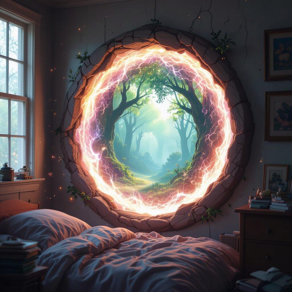 Mythical Forest Portal in Cluttered Bedroom