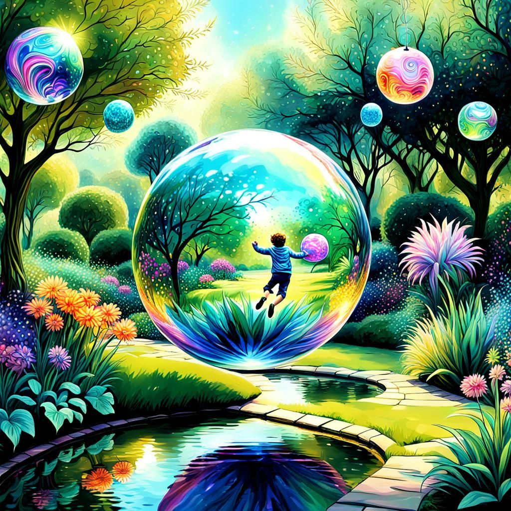 Whimsical Adult and Jumping Ball in Surreal Garden