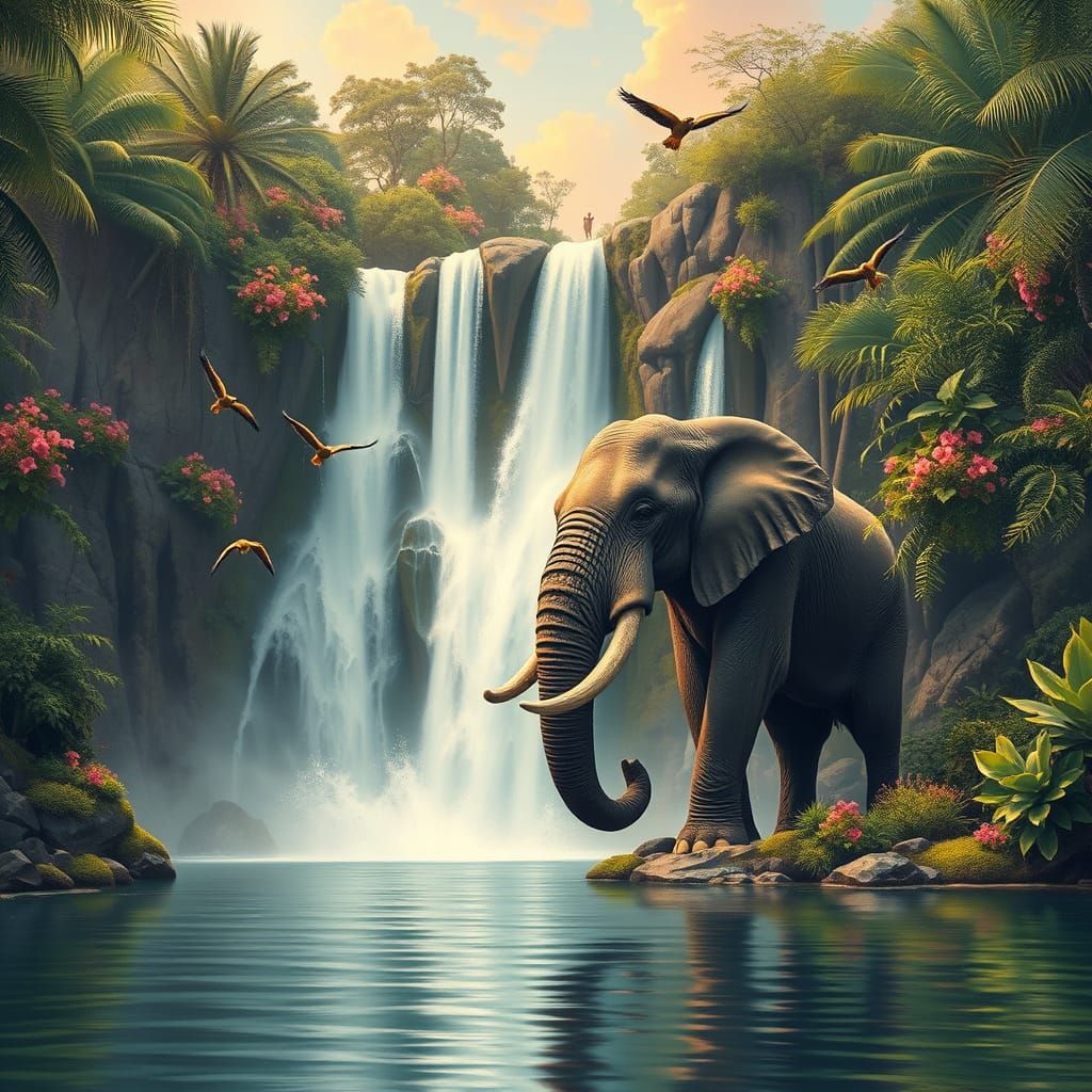 Powerful Waterfall Cascades into Serene Jungle Lake with Maj...