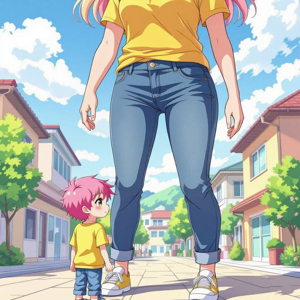 Giantess and Tiny Boy in Anime Style
