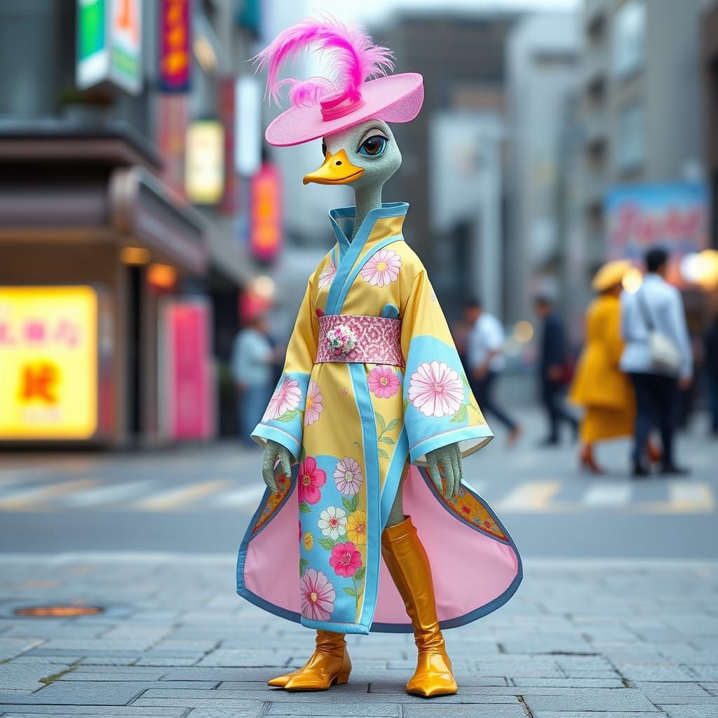 Duck Alien Model in Harajuku Kimono with Klimt Flowers