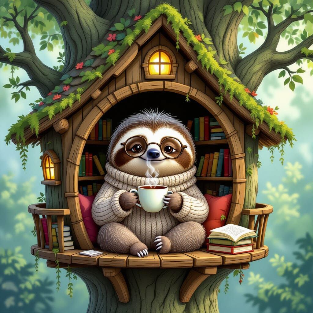 Cozy Sloth in Sweater Reads in Whimsical Treehouse