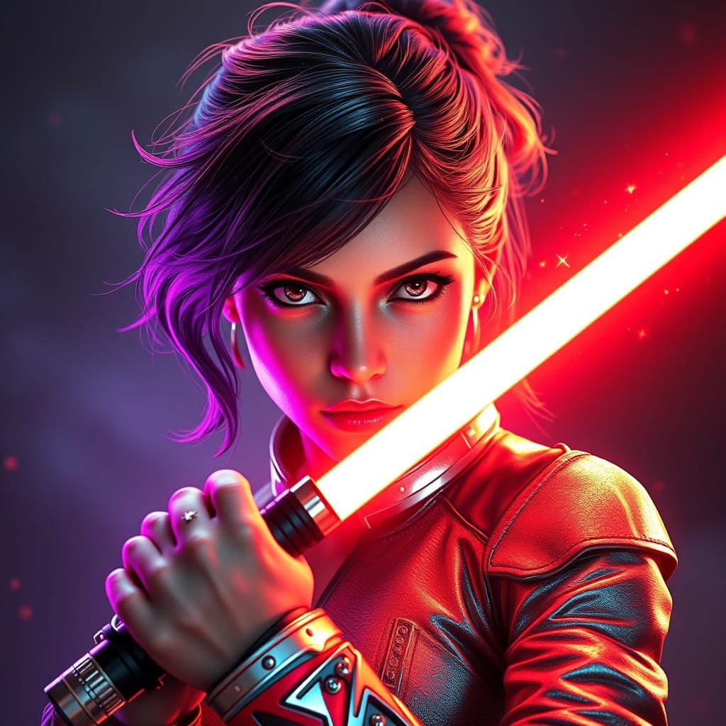 A young female warrior with a lightsaber.