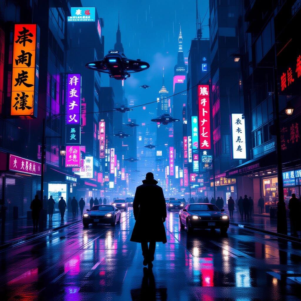 Retro-Futuristic City Street at Dusk in Cyberpunk Style