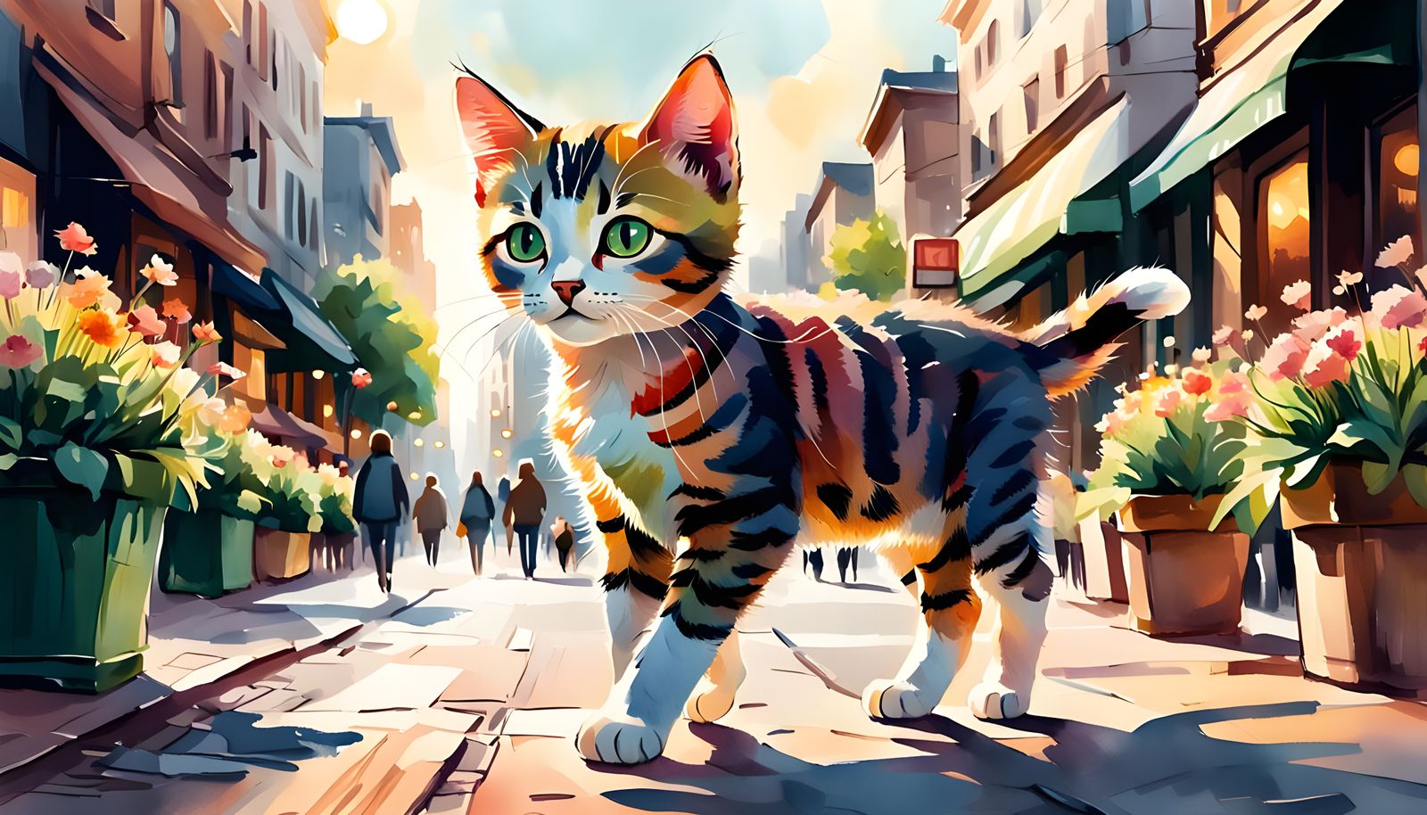 Kitten Walks City Street on Sunny Spring Day