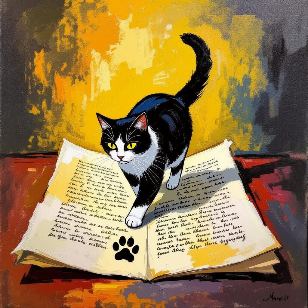 Cat Walks on Manuscript in Expressionist Style