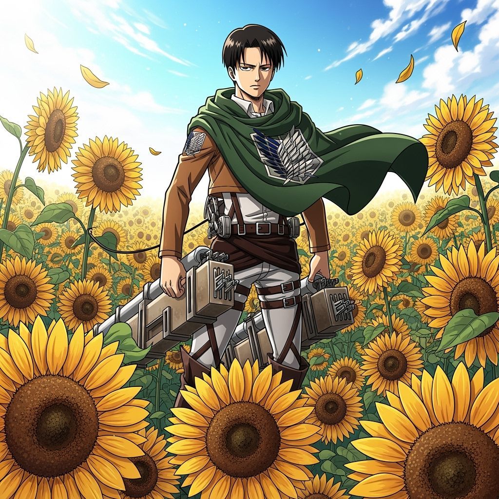 Levi in Sunflower Field: Anime Style