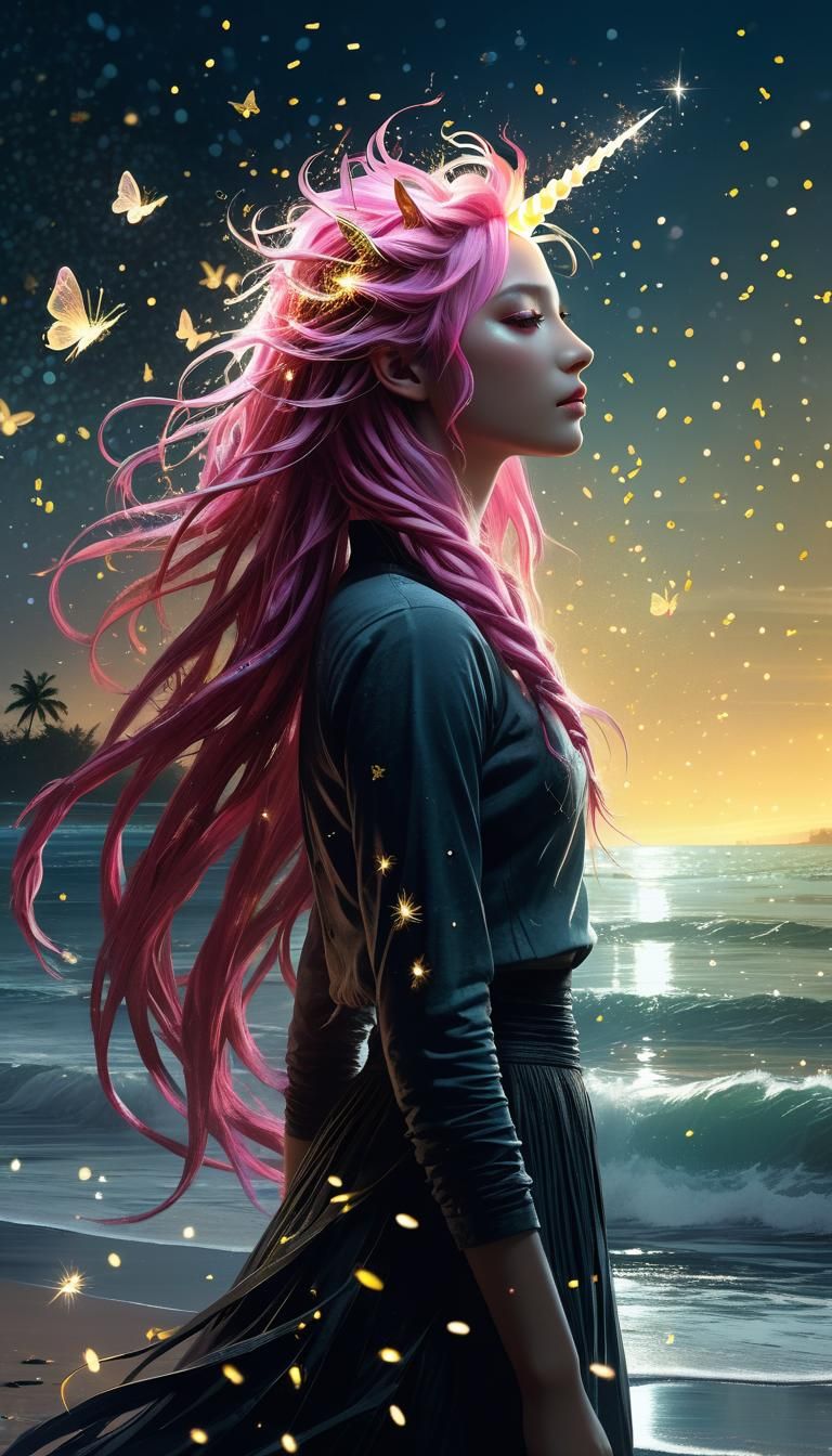 Dreamlike Unicorn with Fireflies in Astral Style