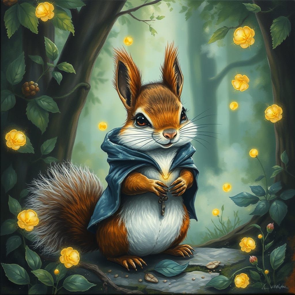 Squirrel in Mystical Forest: Ethereal Charcoal and Gouache