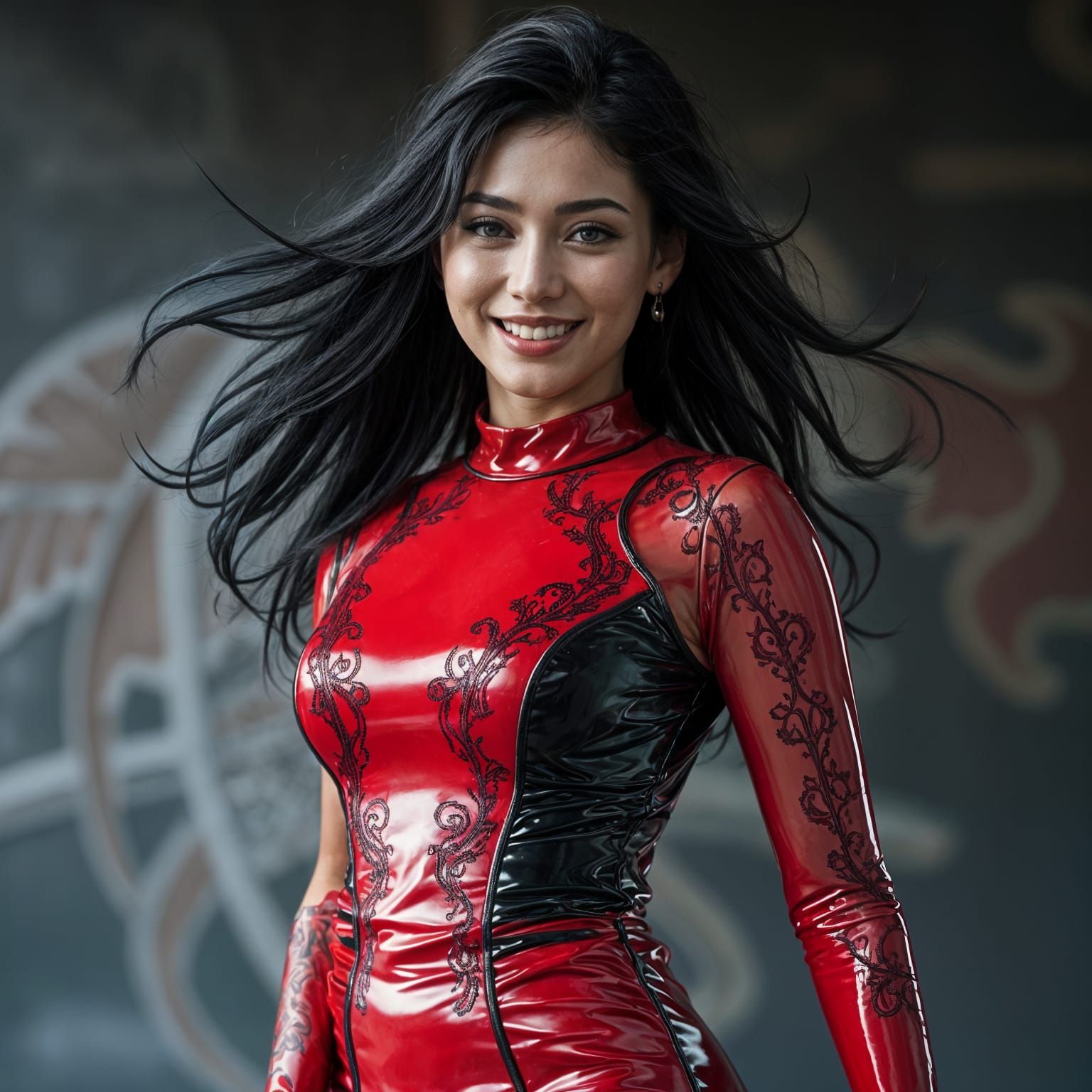 Beautiful Woman in Red and Black Latex Dress