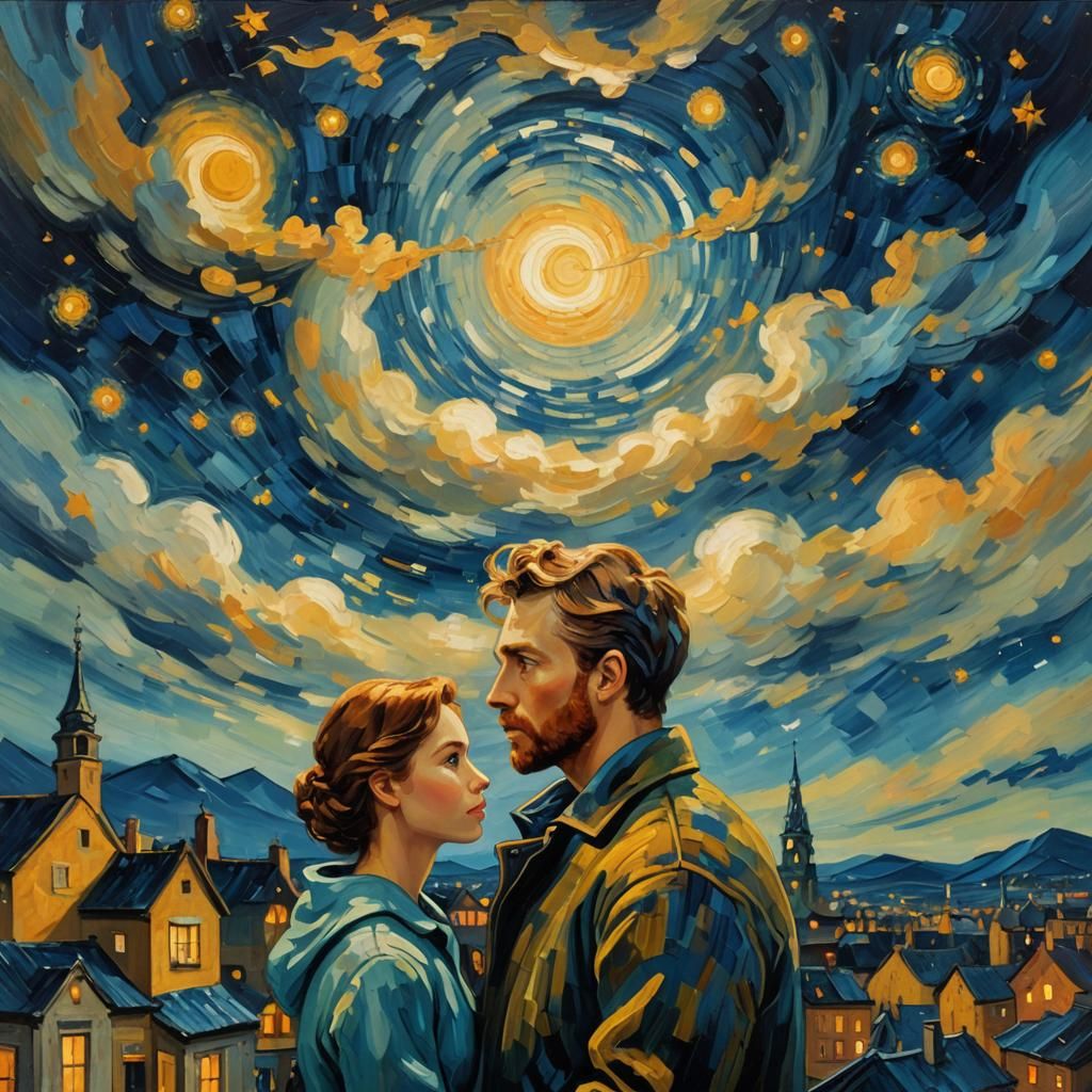 Couple Under Starry Night Sky in Van Gogh Style