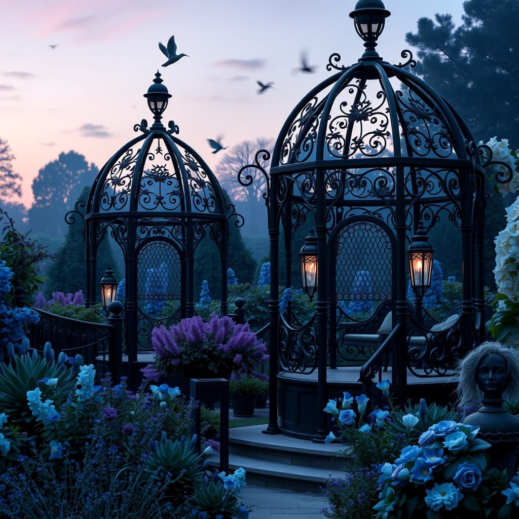 A dreamlike indigo-themed botanical garden bathed in soft tw...