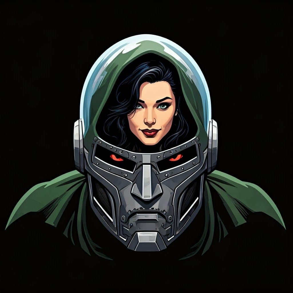 Doctor Doom's Helmet Silhouette with Elegant Woman