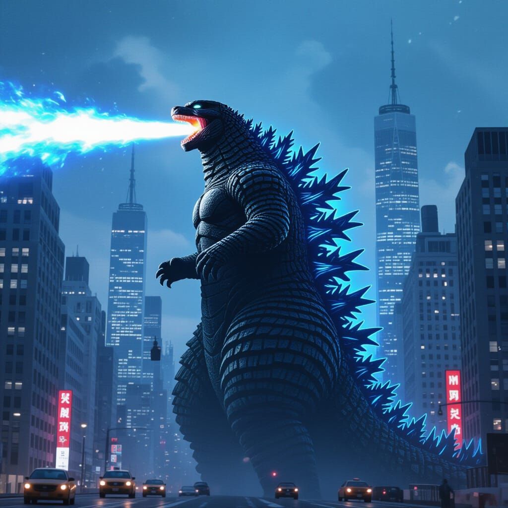Godzilla Unleashes Blue Fire in Futuristic New York