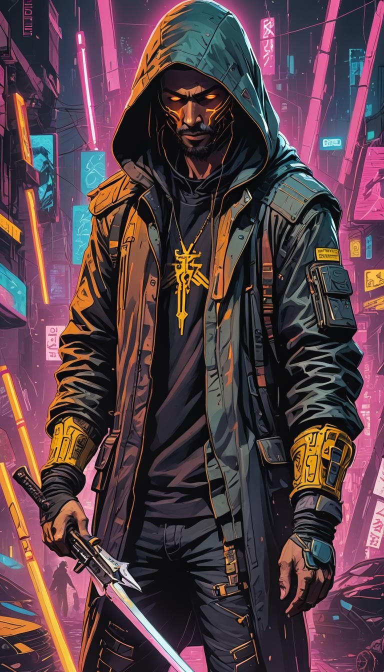 Seven of Swords Tarot Card in Cyberpunk Style