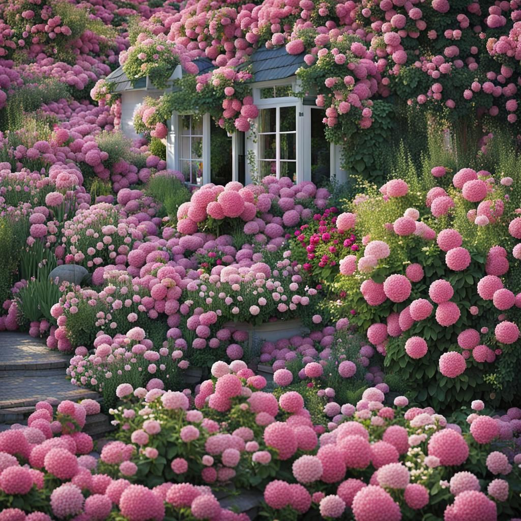 Beautiful Floral Garden with Shiny Pink House