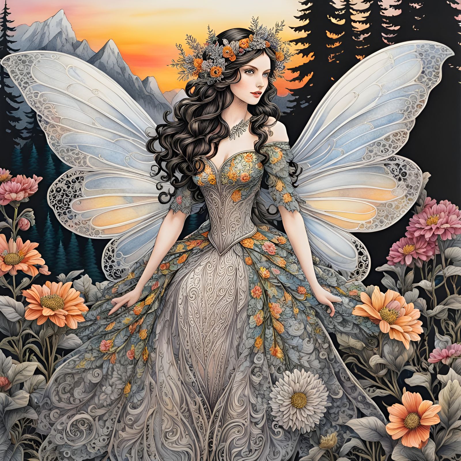 Fairy with wings and dress made of filigree and flemish lace