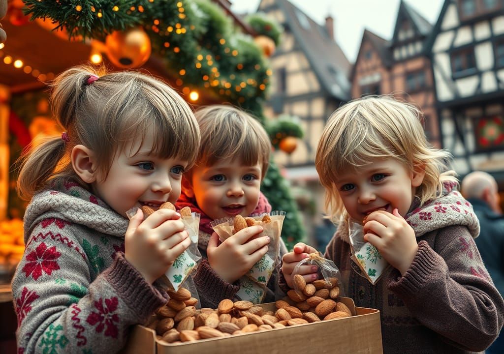 Children Enjoying Almonds at Christmas Market
