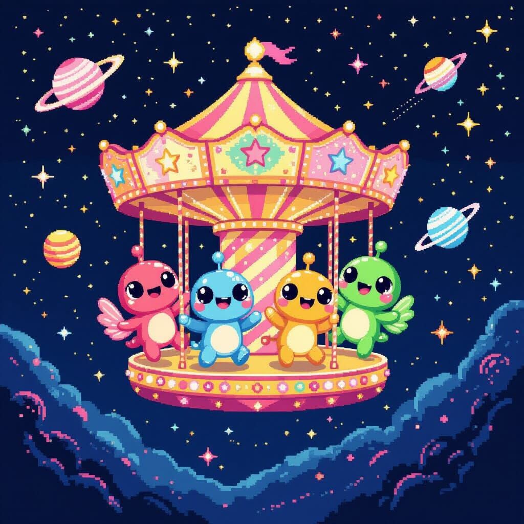 Adorable Alien Creatures on Starlight Carousel Pixel Art