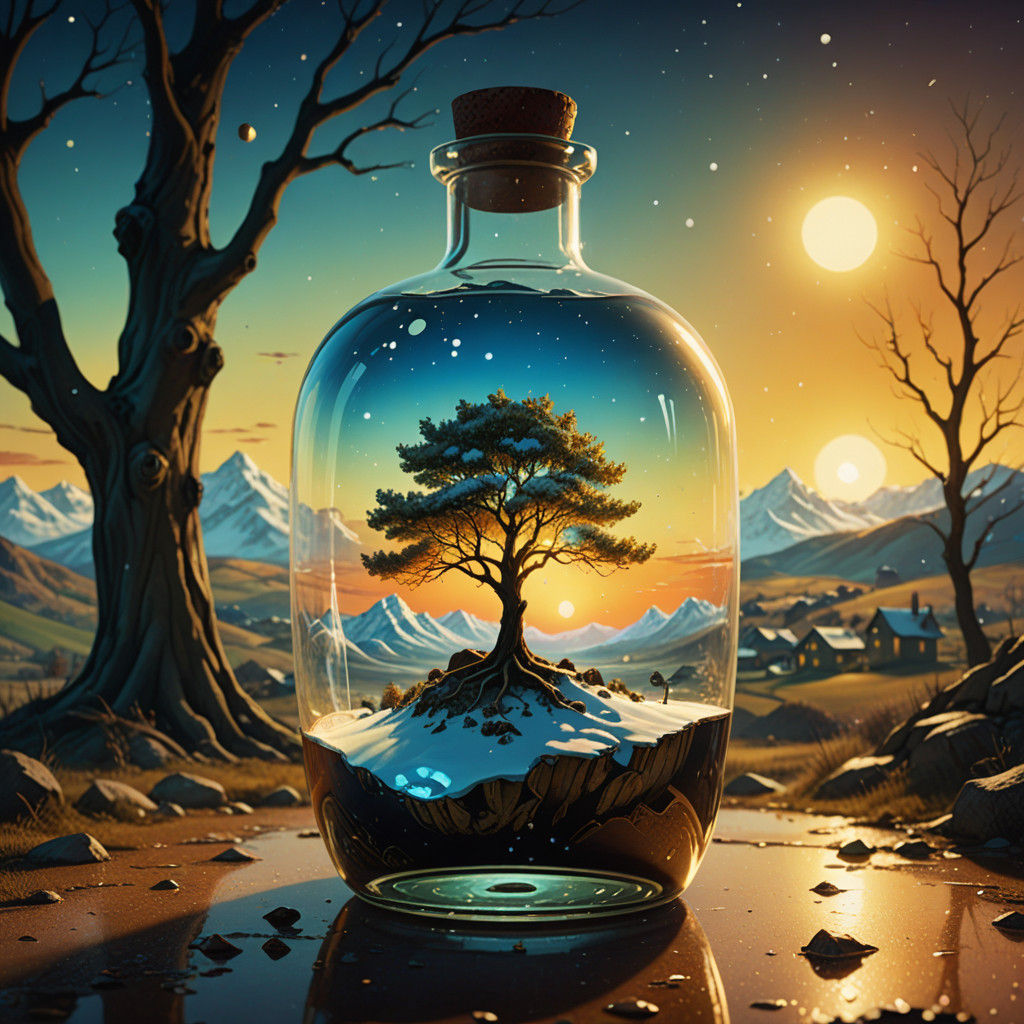 Surreal Oil Painting of a Wise Eye in a Glass Bottle