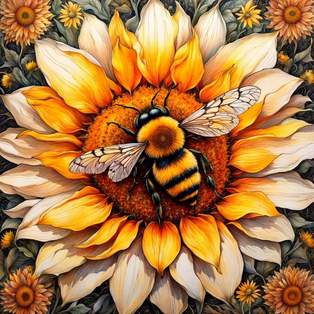 Bee Amidst Vibrant Wildflowers in Warm Chiaroscuro Lighting