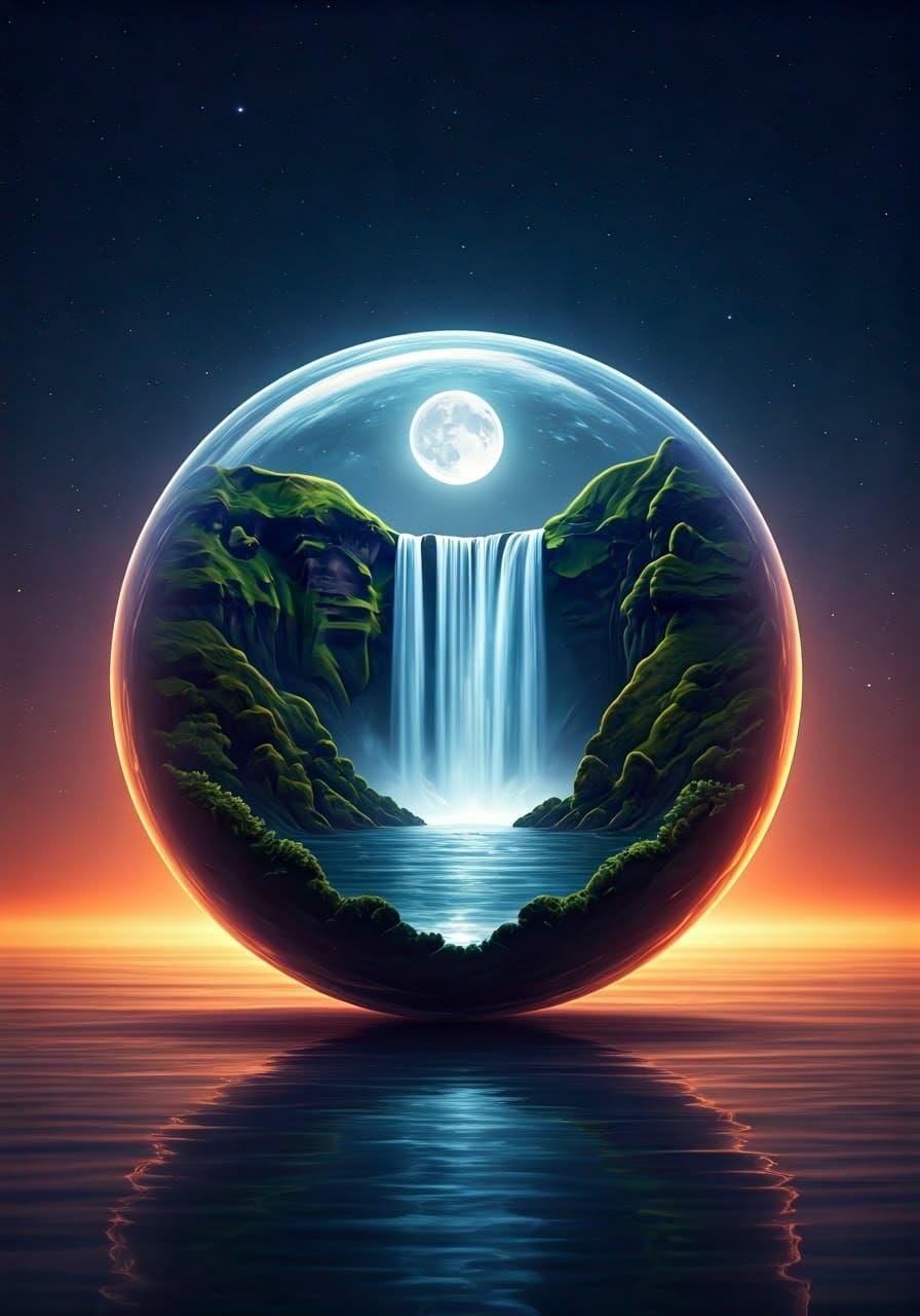 Ethereal Orb with Waterfall in Cinematic Style