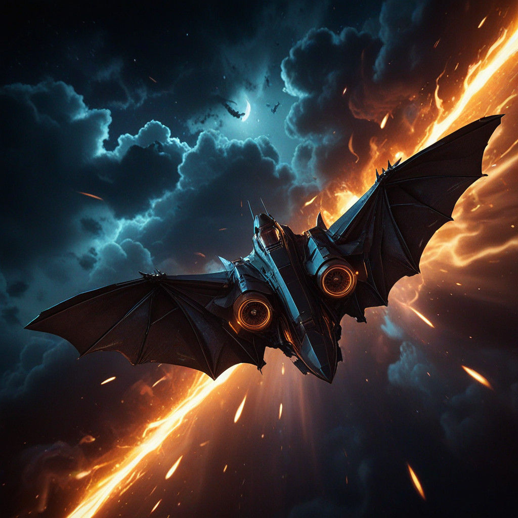 Cyberpunk Bat Vehicle Takes Flight in Neon Night Sky