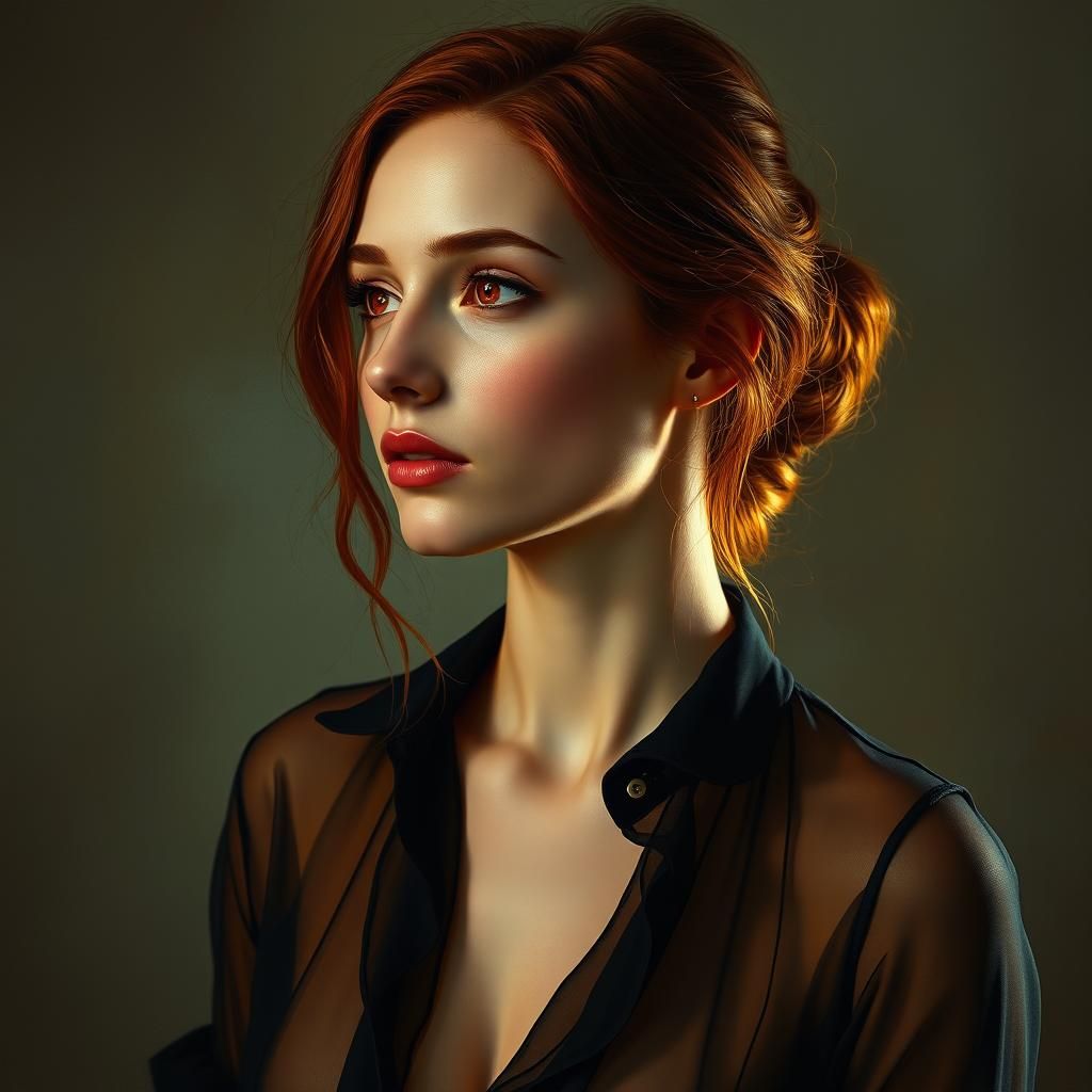 Auburn-Haired Woman with Ruby Eyes, as Oil Painting