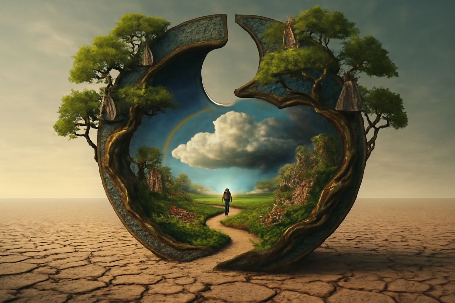 Surreal Yin-Yang Stargate with Bonsai and Cottages