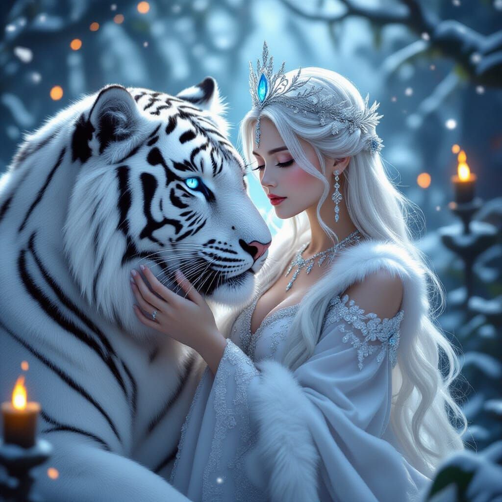 Woman and White Tiger in Enchanted Forest