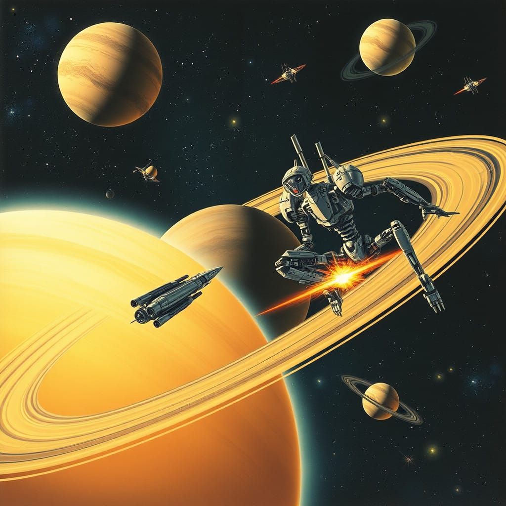 Giant Robot Battles Spaceships in Vibrant Patachitra Art