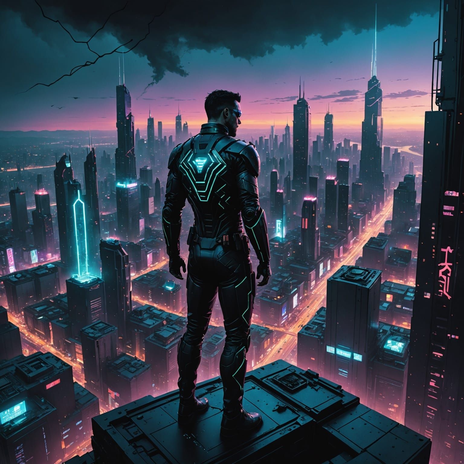 Cyberpunk Superhero in Neon-Lit Cityscape