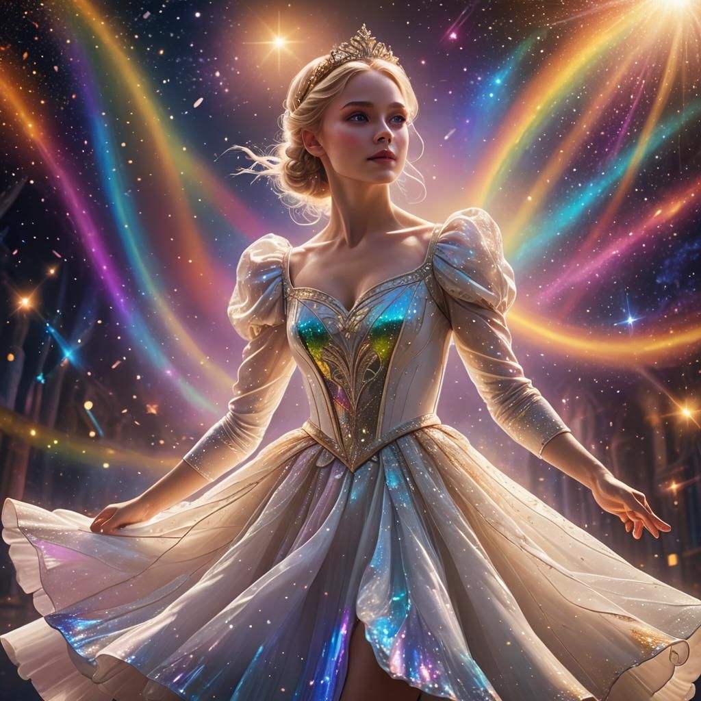 Blond Ballerina Dancing in Rainbow Starlight