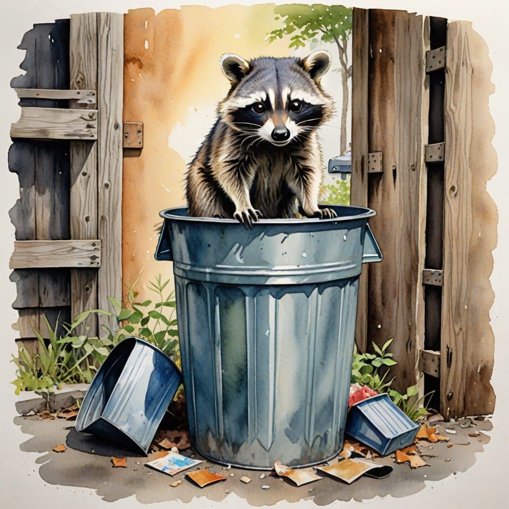Young Raccoon Rummages in Trashcan: Watercolor Painting