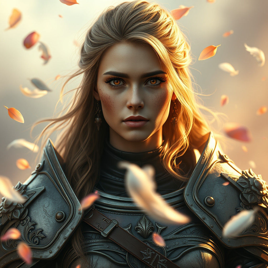 Regal Woman Stands Heroically in Dreamy Landscape