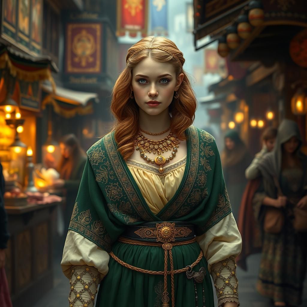 Iron Age Latvian Woman in Bustling Marketplace
