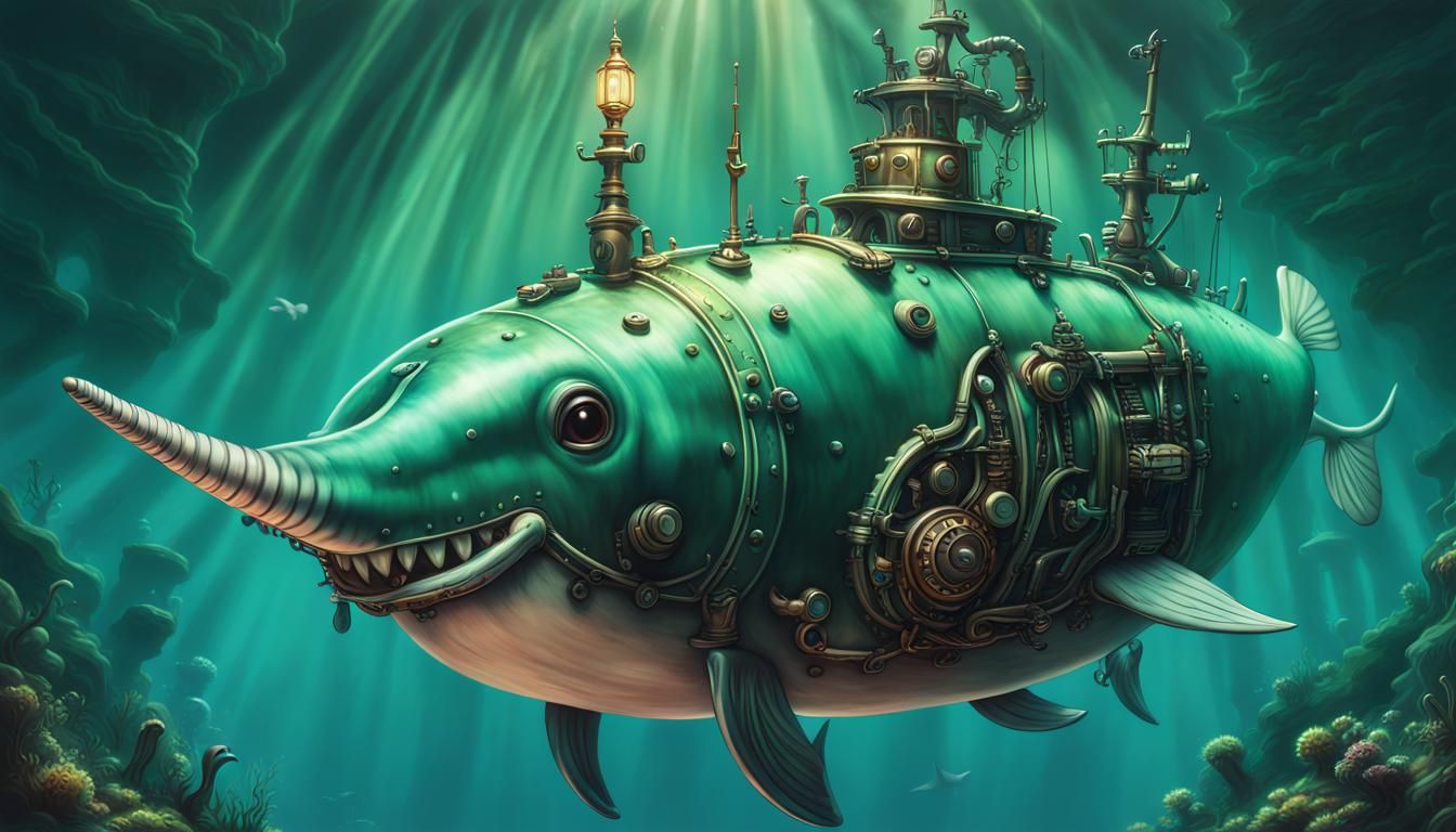Chibi Steampunk Narwhal Submarine Exploring Ghost Ship