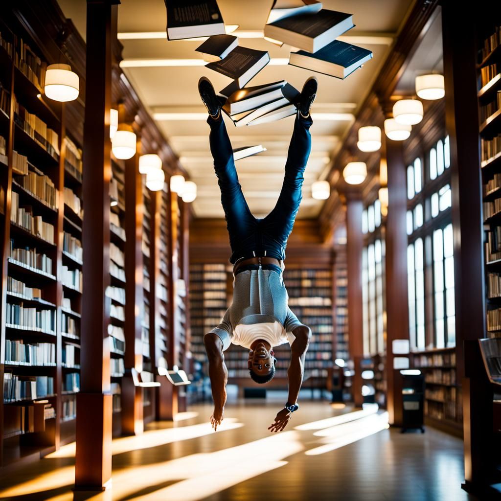 Man Reading Upside Down in Library: Cinematic Photography